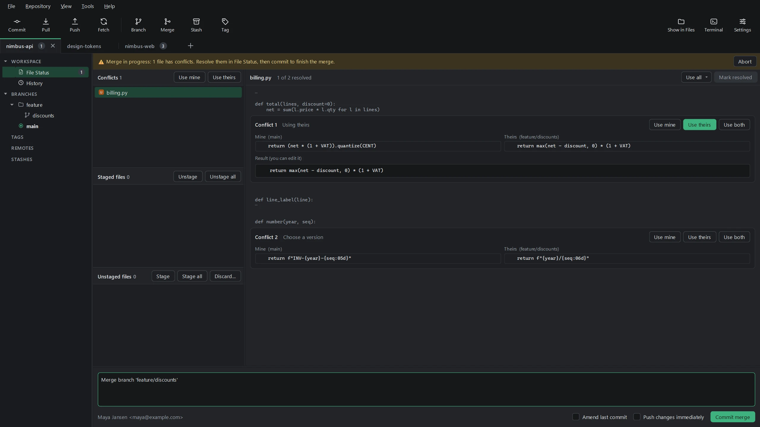 The conflict helper with Mine and Theirs side by side
