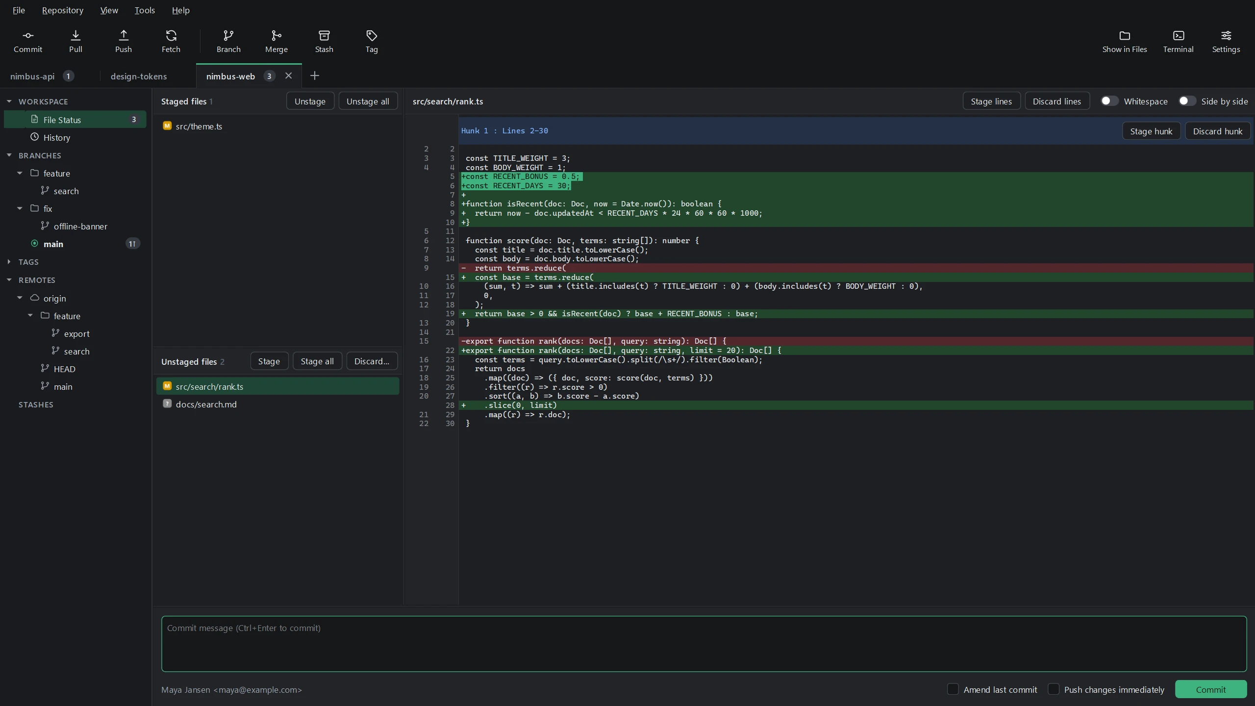 File Status with lines selected and the Stage lines button